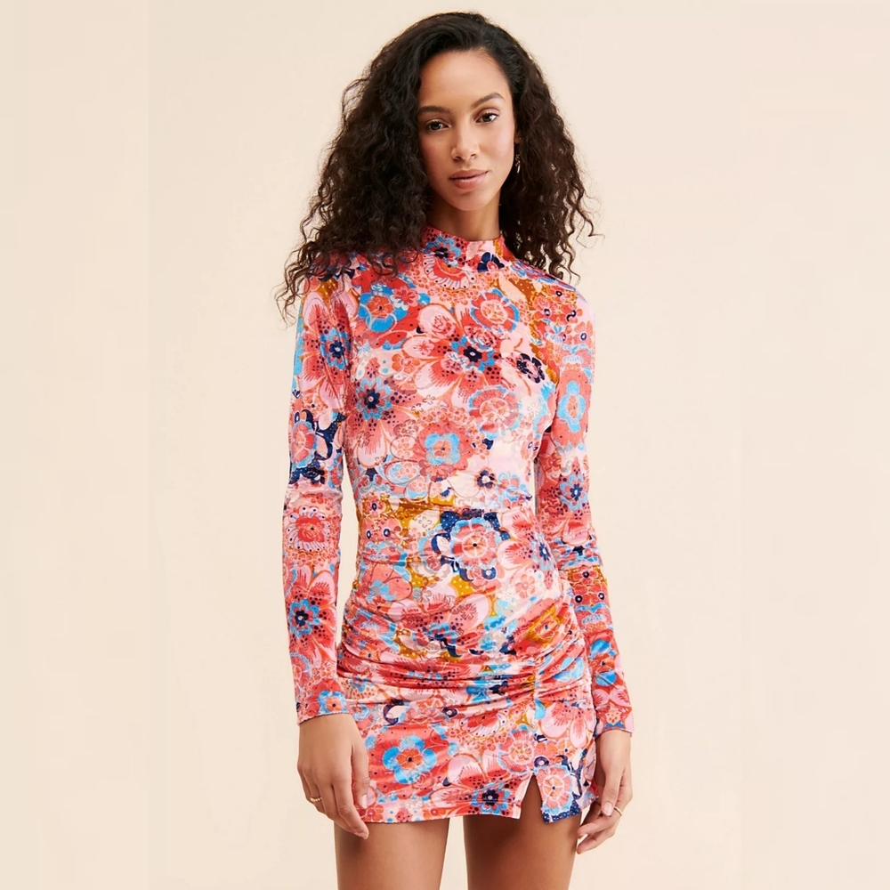 Free People Della Mini Dress Pink Floral Velvet Open Back Long Sleeve Mock Neck